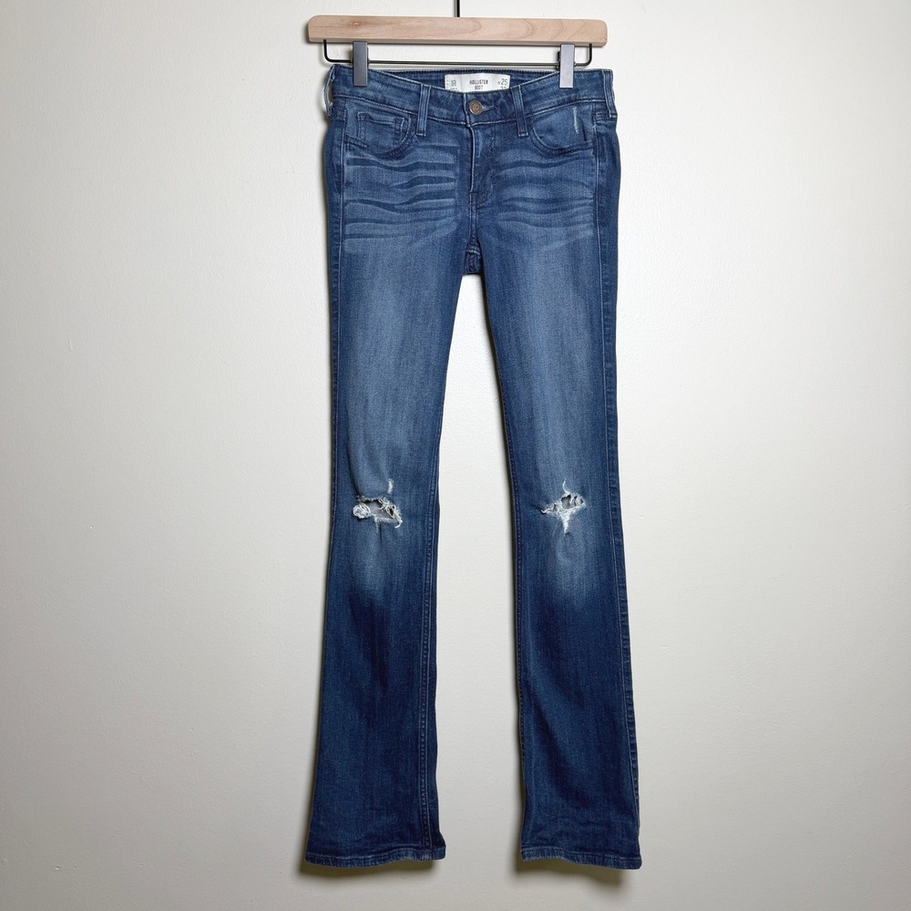 Hollister Women Cotton Jeans 1R Blue Distressed Bootcut W25 L33
